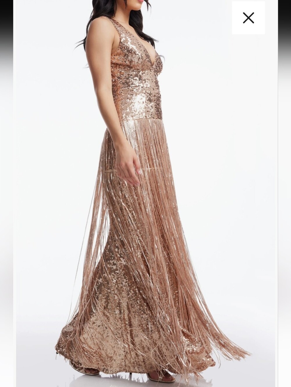 Dress The Population NWT Gold Sequin Fringe Maxi Gown XS $598 Deep V Formal - Picture 3 of 16